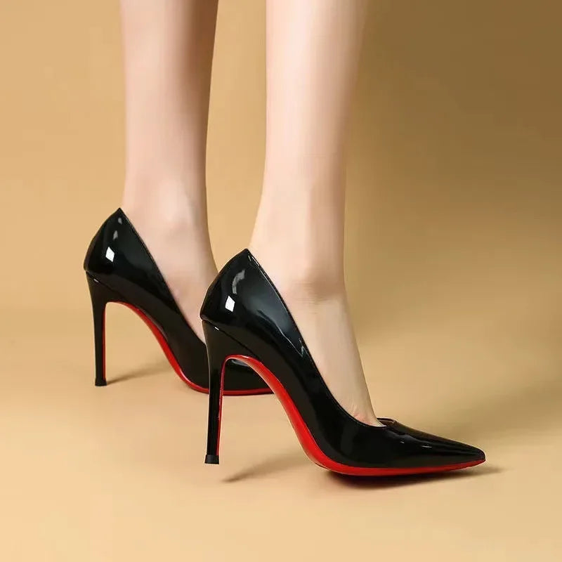 Black Patent Leather Pointed Toe Red Rubber Sole Women's High Heels Party Shoes Sexy Women's Dress Stilettos 2025