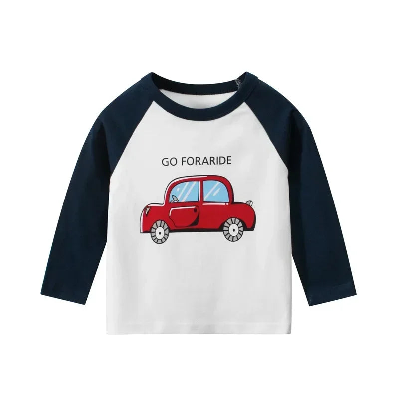 2025 Autumn T Shirt Cartoon Car T-shirt Boys Girls Baby Kids Clothes Cotton Long Sleeve Top for Boy Children's Clothing 2-9 Year