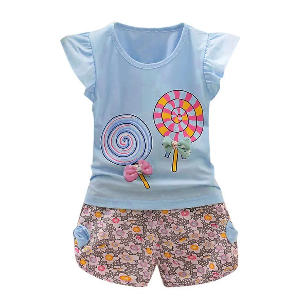 2 Piece Set For Toddler Girl 1~4 Years Children'S Clothing Kids Baby Girls Outfits Lolly T-Shirt Tops+Short Clothes Set 2t 3t 4t