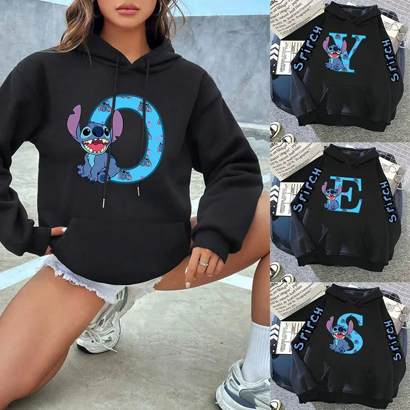 2024 Women's Winter Jacket Cute Kawaii Disney Lilo & Stitch Lucky Letter Print Black Hoodie Fashion Couple Streetwear Sportswear