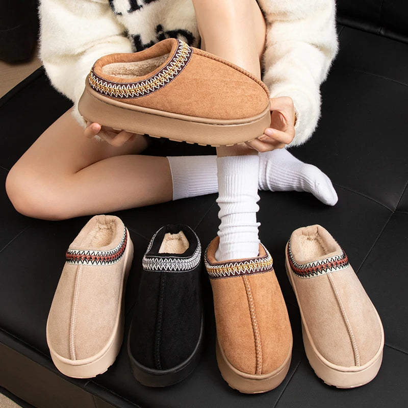 Feslishoet Winter Woman Slippers Plush Interior Anti Slip Sole Thick Bottom Embroider Fashion  Warm Slippers Use Indoor Outdoor