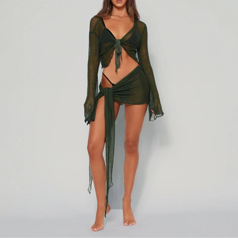 Womens 2 Piece See Through Mesh Beach Swimsuit Cover Up Set Sheer Flared Long Sleeve Crop Top and Side Tie Mini Skirt