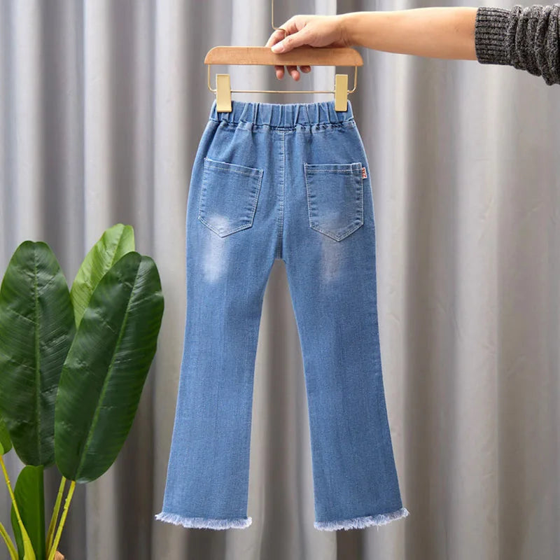 2024 New Autumn Elastic Kids Jeans Girls Cute Leisure Bow Denim Blue Children Flared Pants teenage Girl Clothes Trousers 3-12Y