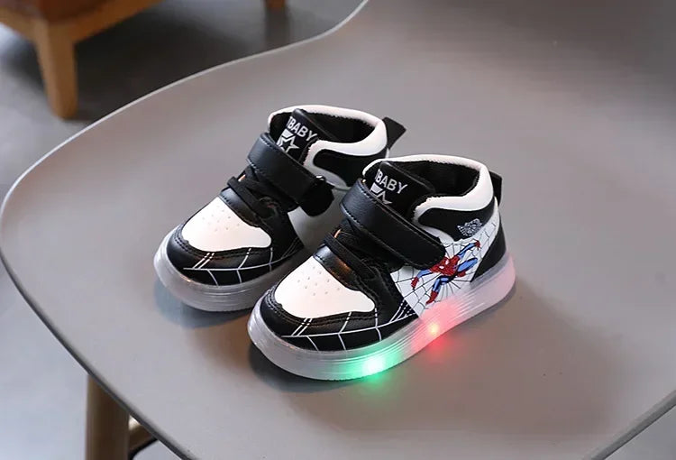 Disney Children's Led Light Shoes Fashion Design Spiderman Boys Sneakers Girls Cartoon Casual Shoes Breathable Kids Sport Shoes