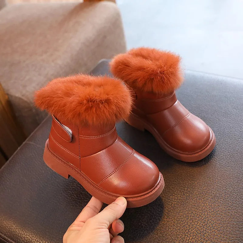 2023 New Solid Color Britain Style Girls Casual Boots Plush Winter Soft Baby Boys Short Boots Kids Shoes Children Drop Shipping