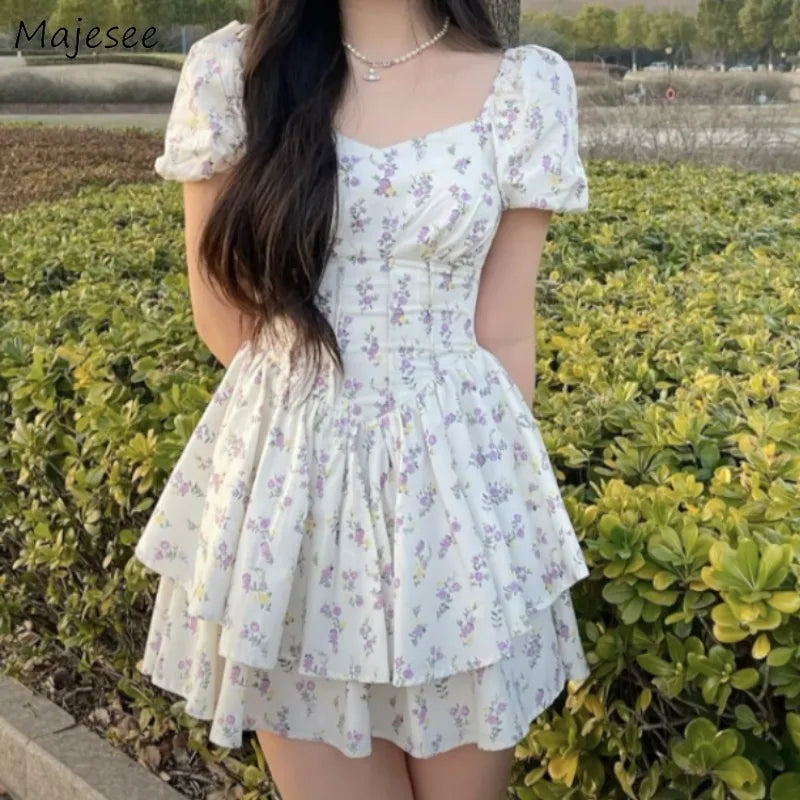 Preppy Style Dresses for Women Lovely Girls Fashion Floral Design Mini Sweet Chic Korean Young Summer Clothing All-match Casual