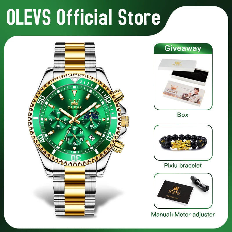 OLEVS Men's Watches Top Brand Luxury Watch for Men Original Waterproof Stainless Steel Chronograph Moon Phase Date Rota Dial