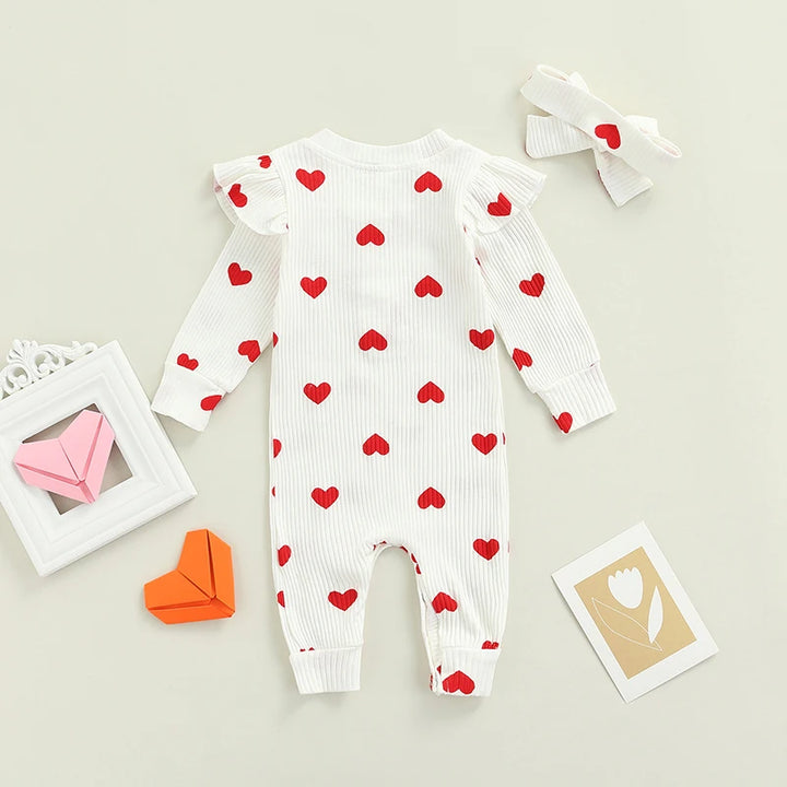 Newborn Baby Girls Valentine's Day Romper Ruffle Ribbed Bodysuit Heart Jumpsuit with Headband Valentine Outfits 0-18M