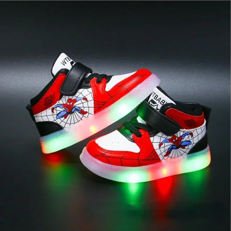 Disney Children's Led Light Shoes Fashion Design Spiderman Boys Sneakers Girls Cartoon Casual Shoes Breathable Kids Sport Shoes