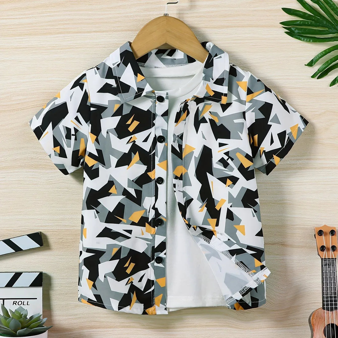 Boys Summer Holiday Hawaiian Party Style Floral And Leaf Full Print Kids Short Sleeve Lapel Shirt Children Summer Tops