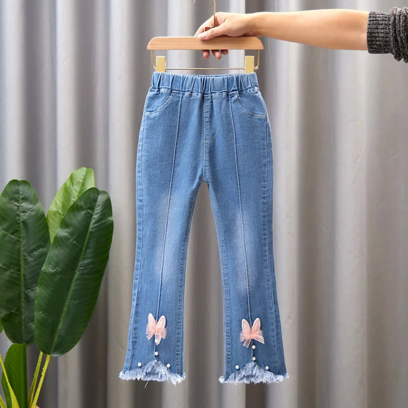 2024 New Autumn Elastic Kids Jeans Girls Cute Leisure Bow Denim Blue Children Flared Pants teenage Girl Clothes Trousers 3-12Y