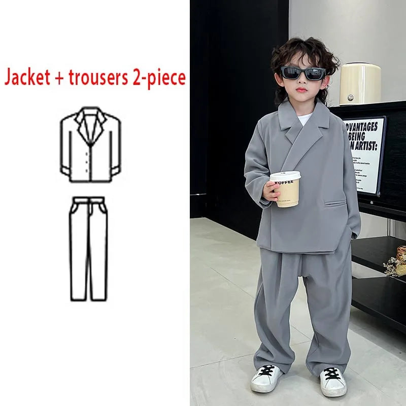 2025 Spring Children Suits Outfits Casual Loose Page Boy Wedding Costume 2 To 12 Y Toddler Host Catwalk Performing Blazers Set