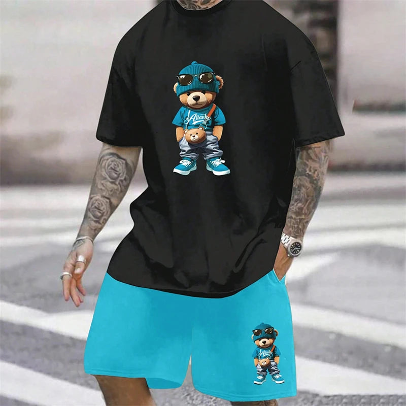 2025 Fun Bear Harajuku T-Shirt Men's Summer Loose Daily Couple Suit Outdoor Street Short Sleeve Shorts Two Piece Men Summer Suit