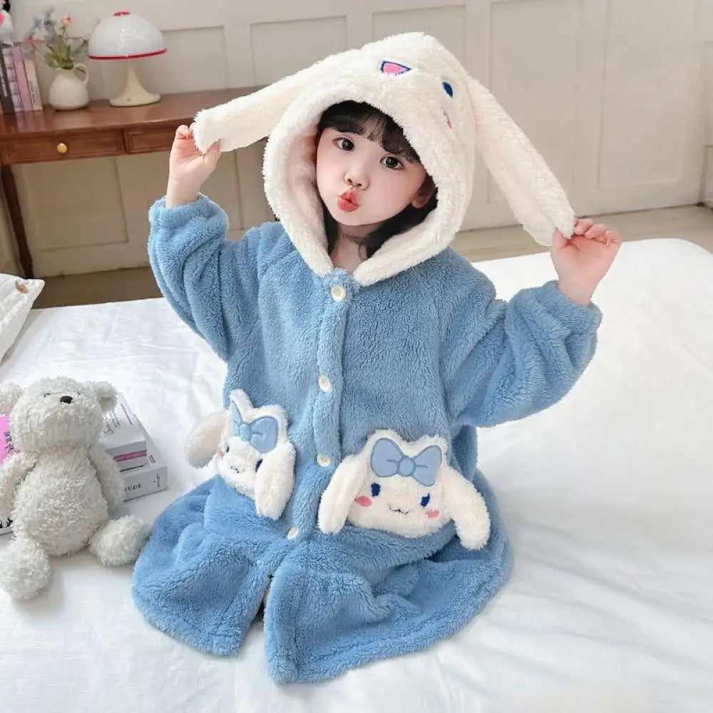 Sanrio Hello Kitty Girls Pajamas Flannel Homewear Kawaii Cinnamoroll Autumn Winter Kids Loungewear Nightdress Sleepwear Robes