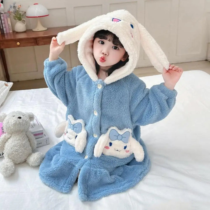 Sanrio Hello Kitty Girls Pajamas Flannel Homewear Kawaii Cinnamoroll Autumn Winter Kids Loungewear Nightdress Sleepwear Robes