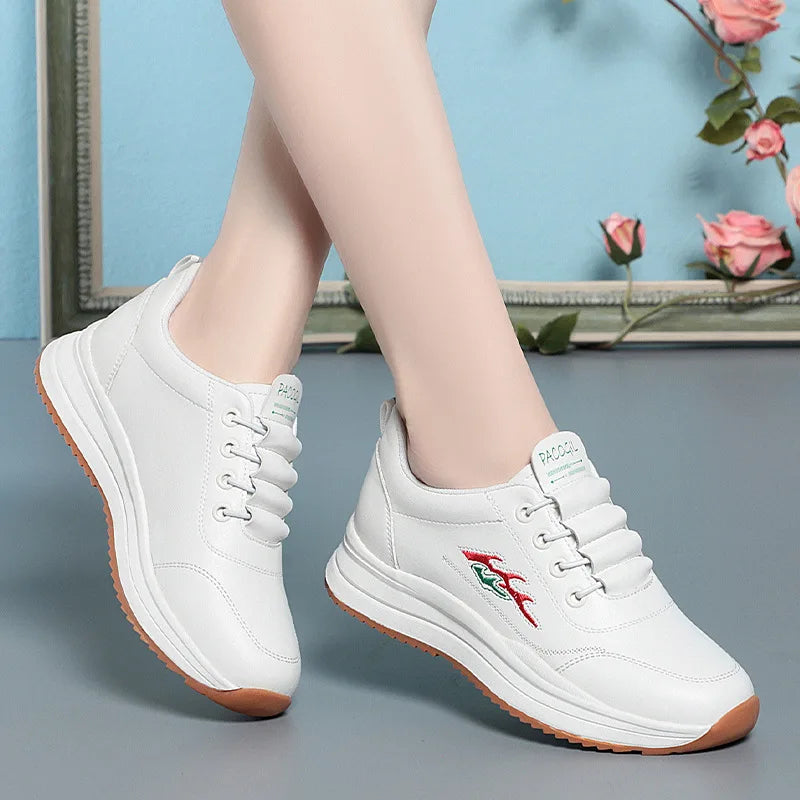 White Breathable Comfort Women's Sports Shoes Outdoor Walking Flats Spring Anti-slip Soft Leather Soft Bottom Casual Sneaker