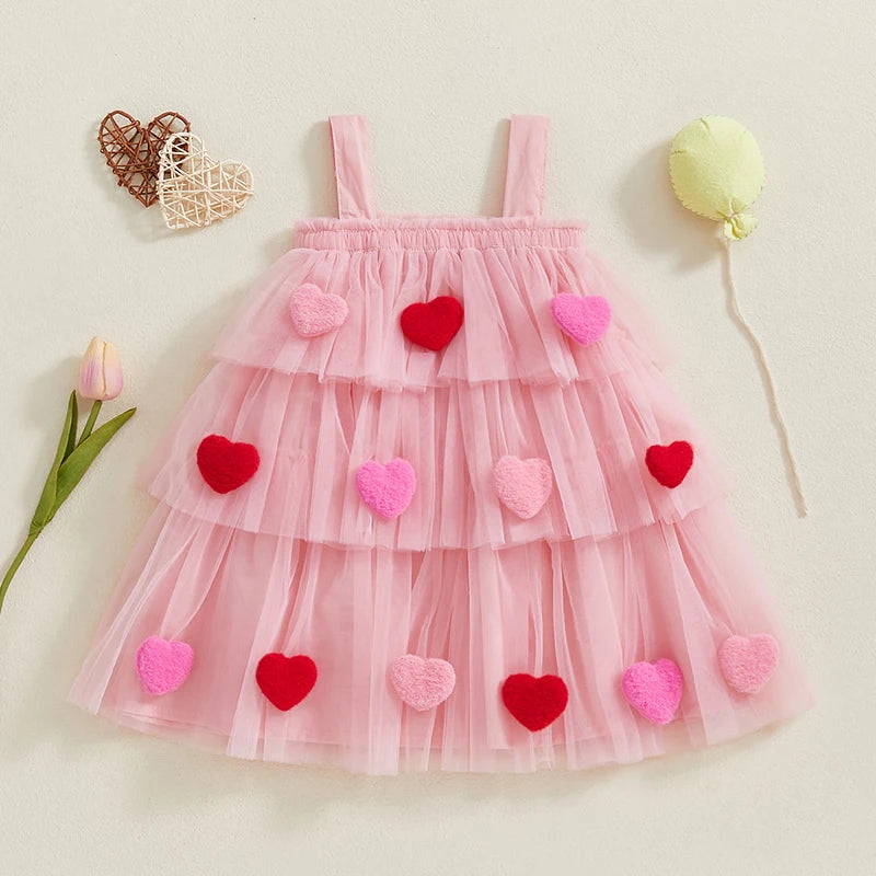 Kids Baby Girls Mesh Tulle Dress Cute Valentines Day Outfit Sleeveless Layered Bow Heart Sundress Toddler Party A-Line Dress