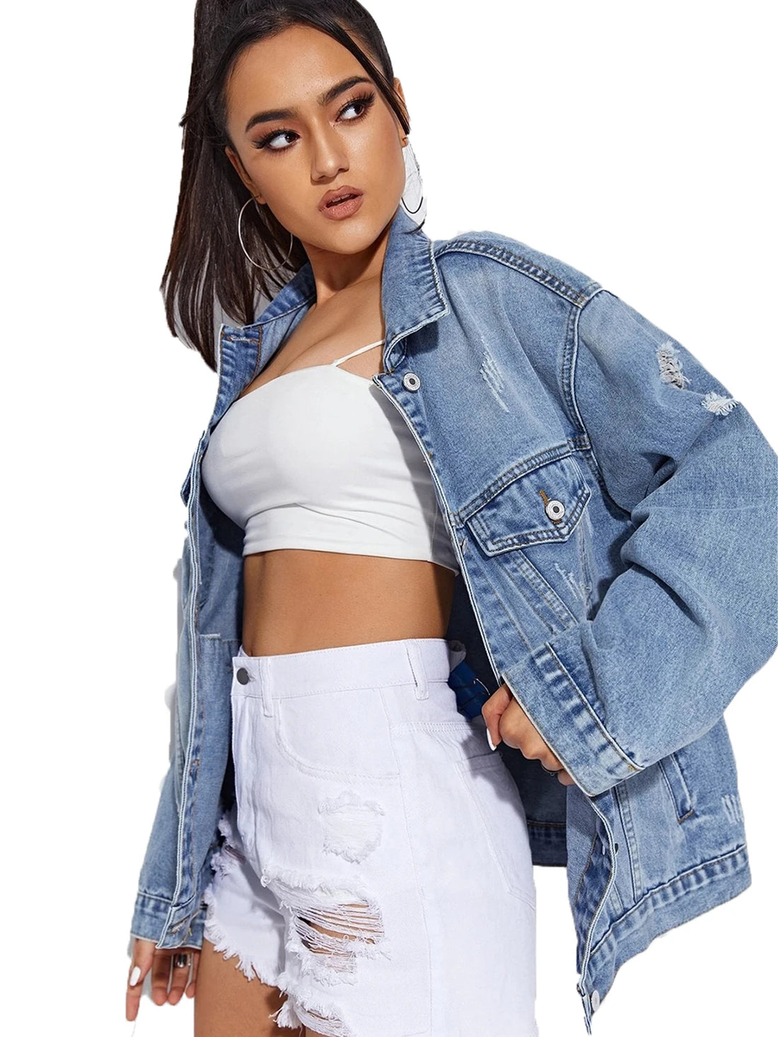 Women Jean Jacket Button Down Long Sleeve Denim Jackets With Pockets