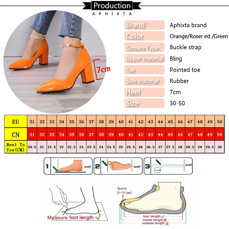 Aphixta 2024New Luxury Rhinestone Pearl Chain 7cm Chunky Heels Pumps Women Shoes String Bead Pointed Toe Bling Crystals Pumps