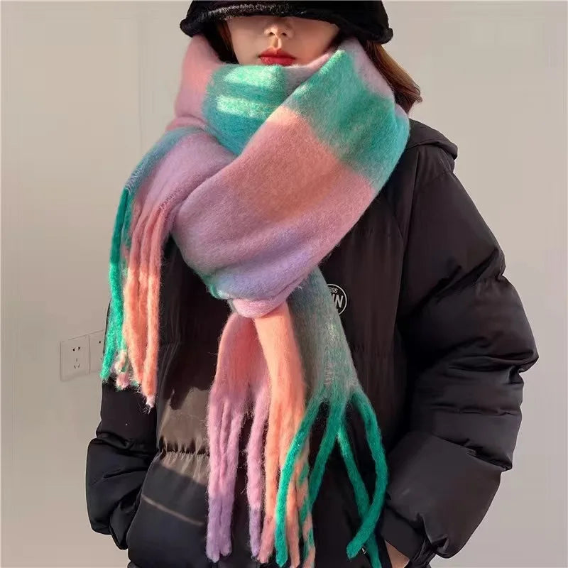 2025 Winter Thick Warm Scarf Women Cashmere Shawl and Wraps Pashmina Neckerchief Bufanda Female Rainbow Hairy Tessel Echarpe New