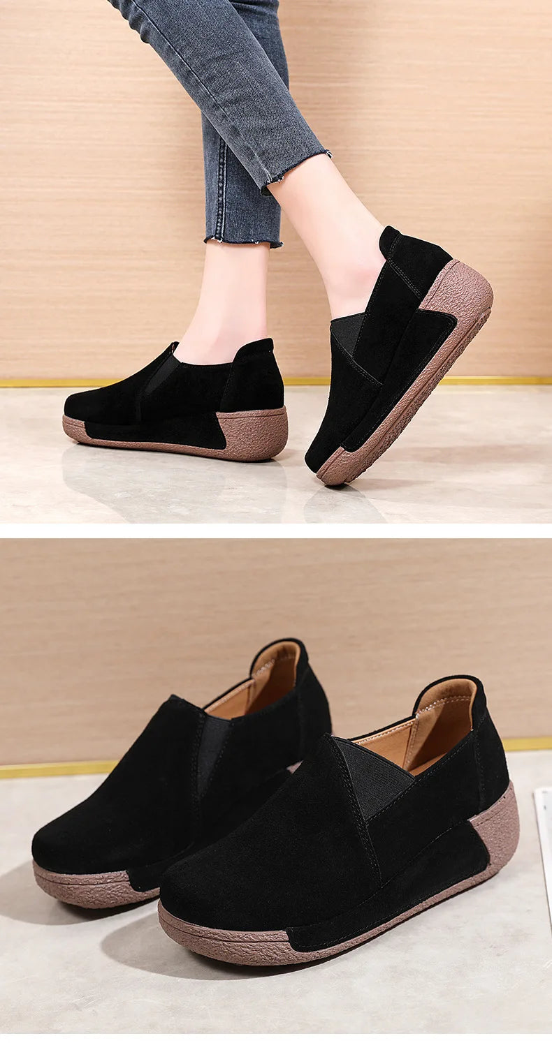 WOIZGIC Women Mother Female Genuine Leather Shoes Platform Flats Loafers Slip On Korean Plus Size 41 42 Vulcanized Shoes