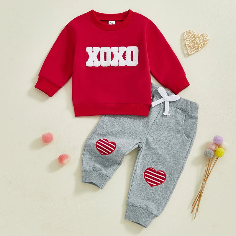 Lioraitiin Toddler Baby Boys Valentines Day Set Long Sleeve Crew Neck Embroidery Letters Sweatshirt with Heart Pants Outfit