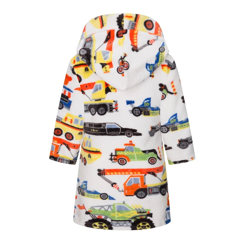 Kids Car Printed Flannel Bathrobe Baby Boy Cartoon Hooded Pajamas Children Soft Bath Robe Nightgown Teenager Toddler Clothing