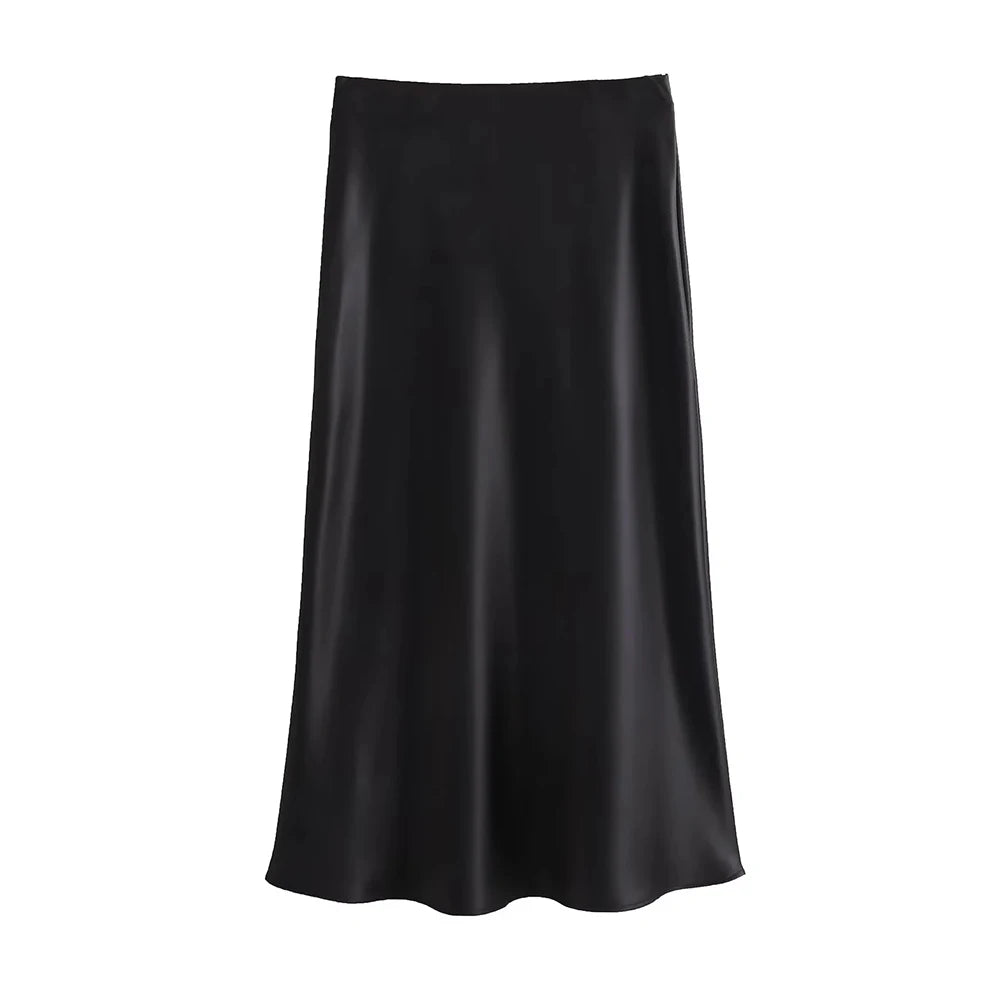 TRAF-Women's Flowing Satin Midi Skirt, High Waist With Elastic Waistband, Female Skirts, Chic Fashion