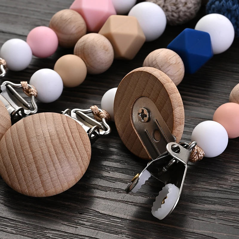 New Baby Wooden Pacifier Clip Wood Crochet Rabbit Teething Soother Chain For Nursing Chew Toy Baby Dummy Holder Chain BPA Free