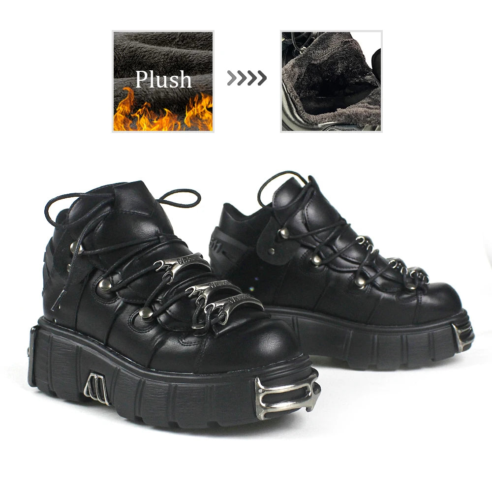 2024 NEW Punk Style Women Shoes Lace-up heel height 6CM Platform Shoes Woman Gothic Ankle Rock Boots Metal Decor Woman Sneakers