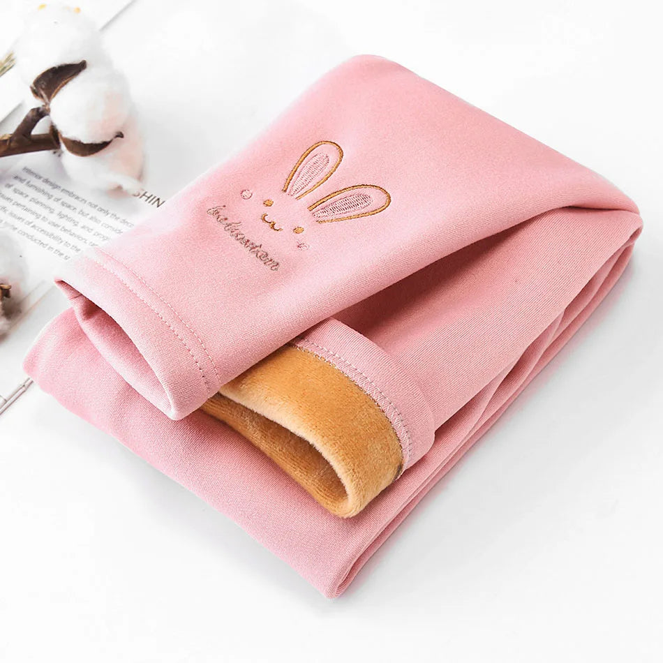 2024 Children Leggings Girls Fleece Lined Thermal Bottoms Baby Casual Trousers Kids Warm Pants Elastic Bunny Tights 3-8 Years