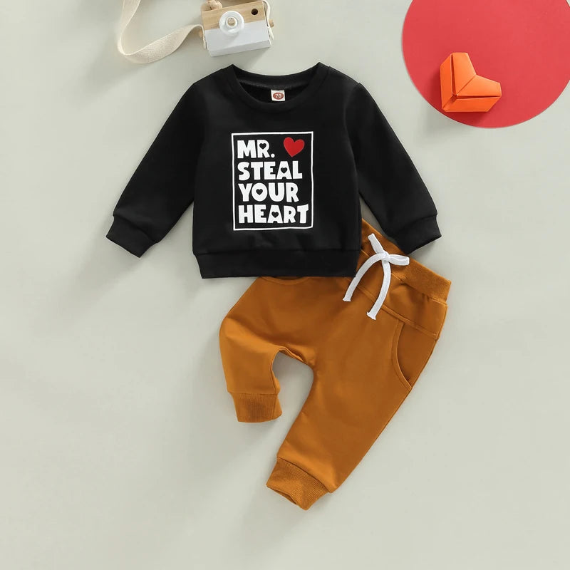 Baby Boy Valentines Day Outfits Infant Toddler Long Sleeve Shirt Love Heart Sweatshirt Top Pants Set Spring Clothes