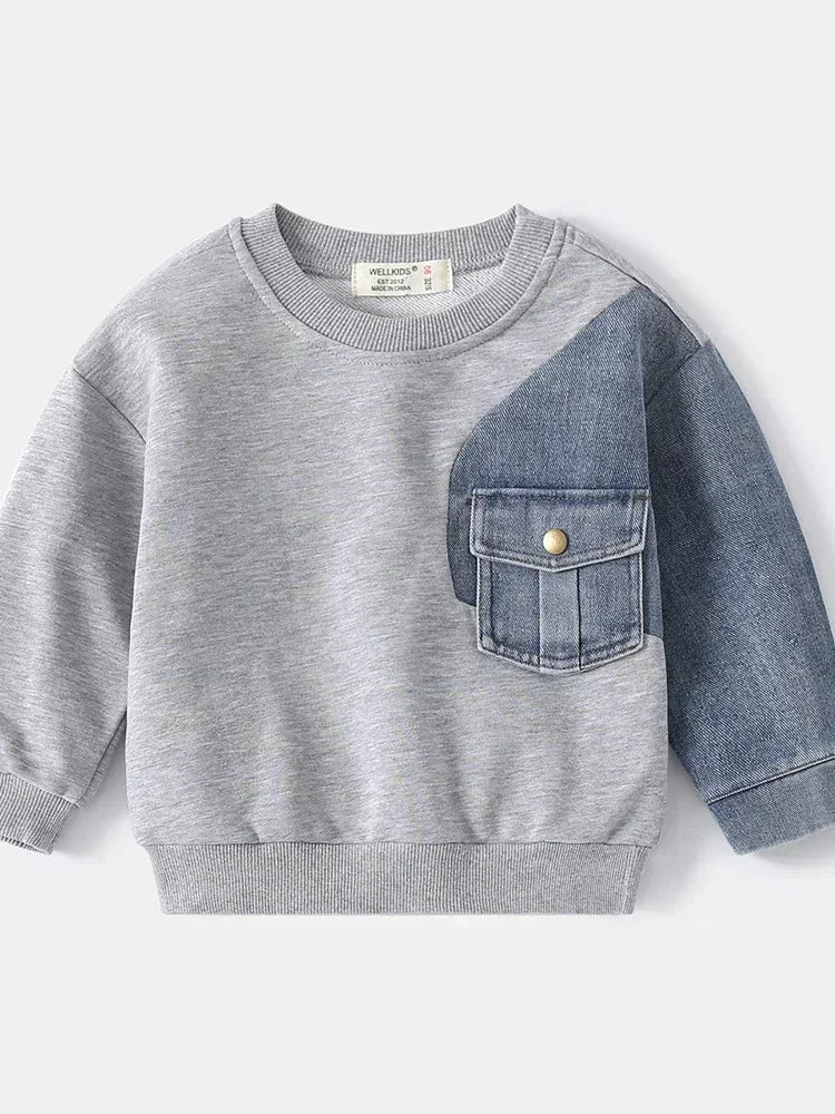 Boys Denim Sweatshirt Kids Stitching Sleeved Loose Sweater 2024 Spring Autumn Children's Street Style Casual Hoodies Clothes