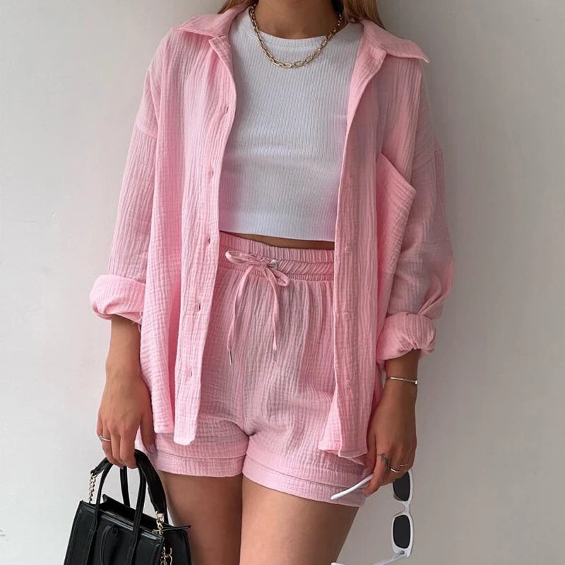 Casual Shirt Shorts Suit Women Lapel Oversize Top Lace Up Wide Leg Lady Pants Set Spring Single Breasted Full Sleeve Female