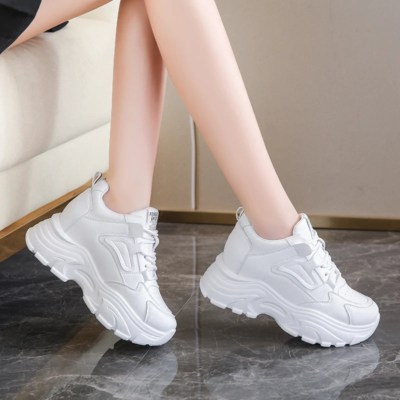 White Platform Women's Sneakers 2024 Spring Lace-Up Thick Bottom Vulcanize Shoes Woman Pu Leather Breathable Sports Shoes Ladies