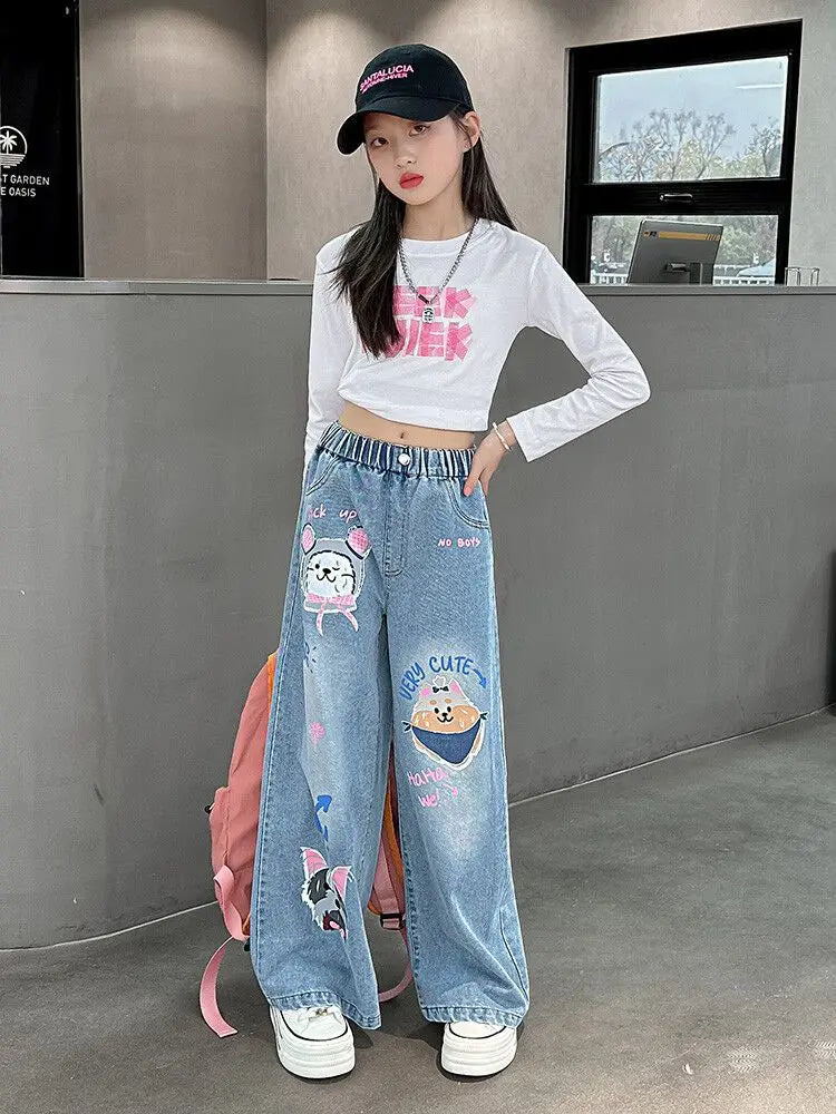 2024 Cartoon Fashion Pattern Jeans for Girl Loose Straight Denim Pants Lovely Print Kids Spring Autumn Korea Style Long Trousers