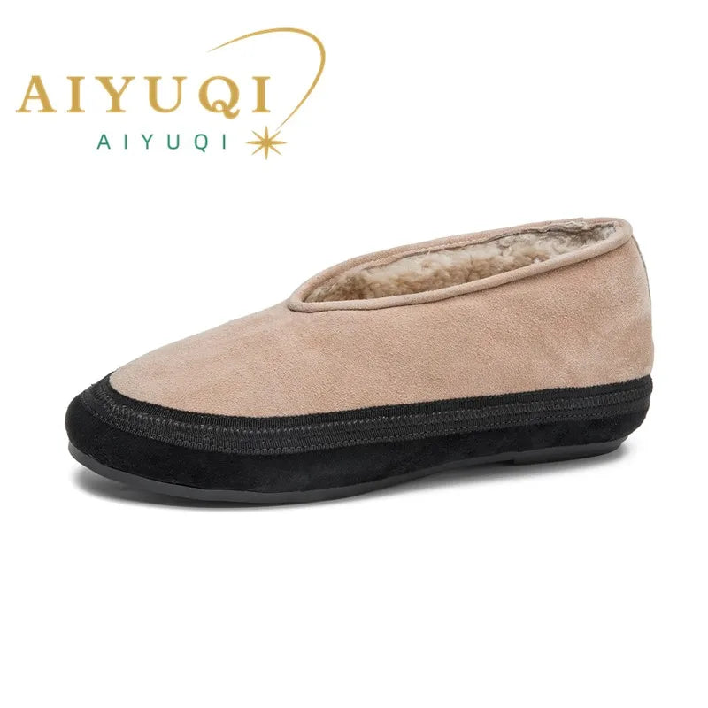 AIYUQI Winter Flat Shoes Women 2024 New Wool Lining Warm Women Snow Shoes Genuine Leather Comfortable Female Winter Ballet Shoes