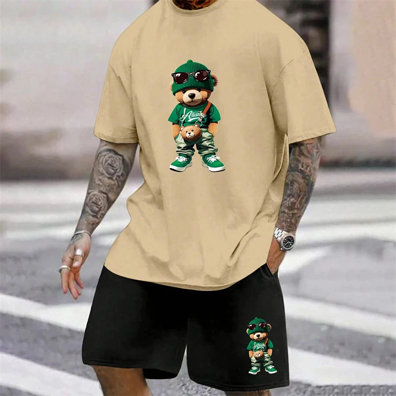 2025 Fun Bear Harajuku T-Shirt Men's Summer Loose Daily Couple Suit Outdoor Street Short Sleeve Shorts Two Piece Men Summer Suit