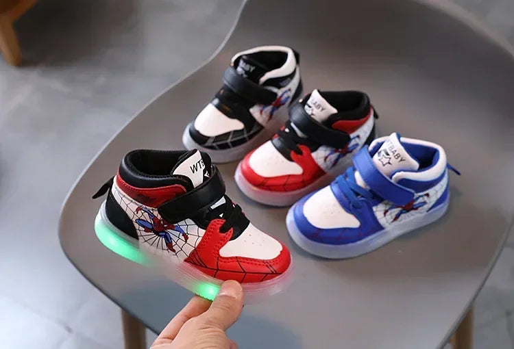 Disney Children's Led Light Shoes Fashion Design Spiderman Boys Sneakers Girls Cartoon Casual Shoes Breathable Kids Sport Shoes