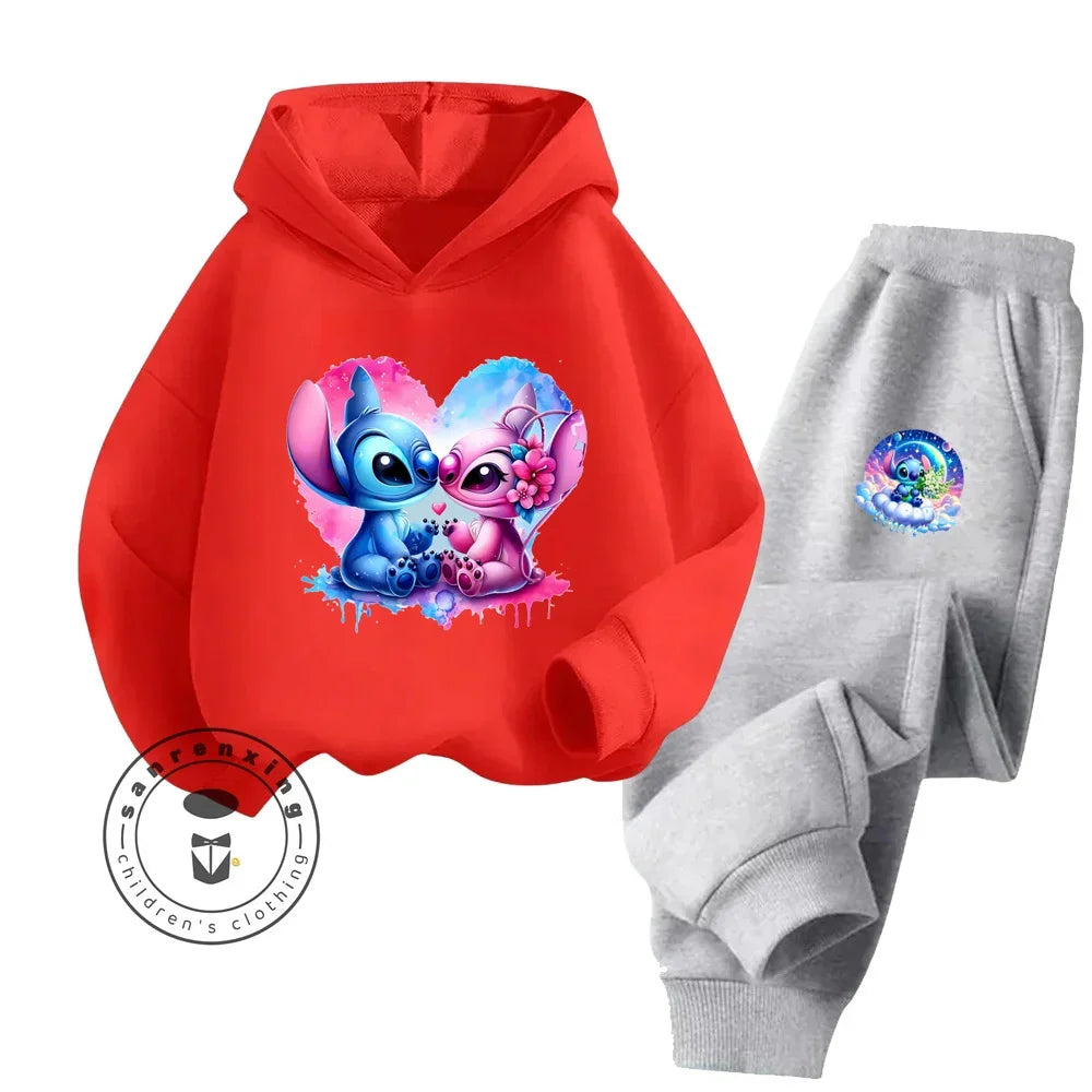 Cartoon Stitch Fall Winter Fashion Kawaii Sports Hoodie Set for Boys Girls Kids with High Quality Wear Resistant Cheap Fashion