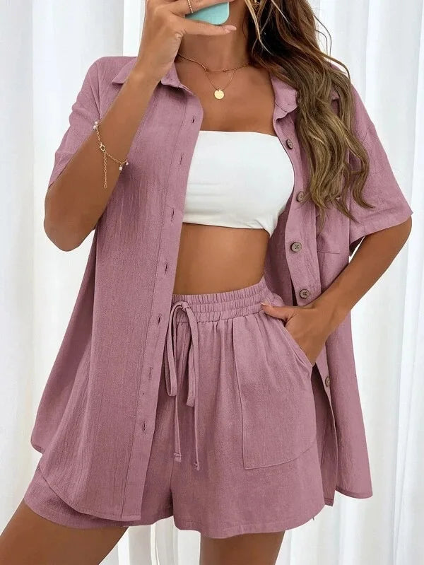 Long Sleeve Single breasted Top Broad legged Shorts Set Fashion Ladies Sexy Solid Suits 2023 Summer 2 Piece Outfits For Women