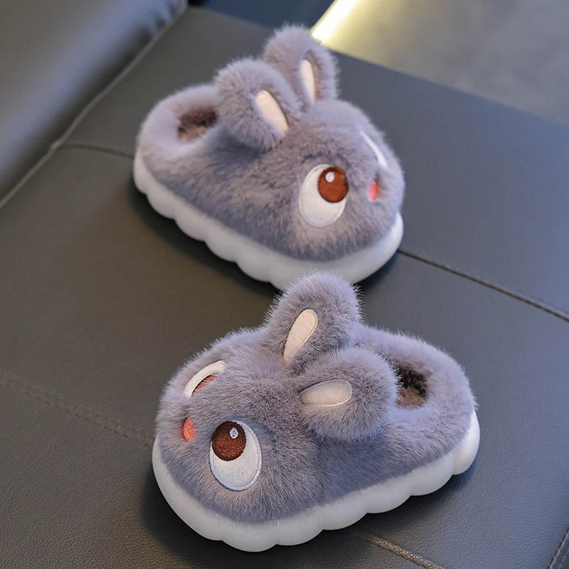 New Winter Cute Big eyed Rabbit Children's Waterproof Warm Non-slip Fluffy Slippers For Girls Boys Kids Indoor Home Cotton Shoes