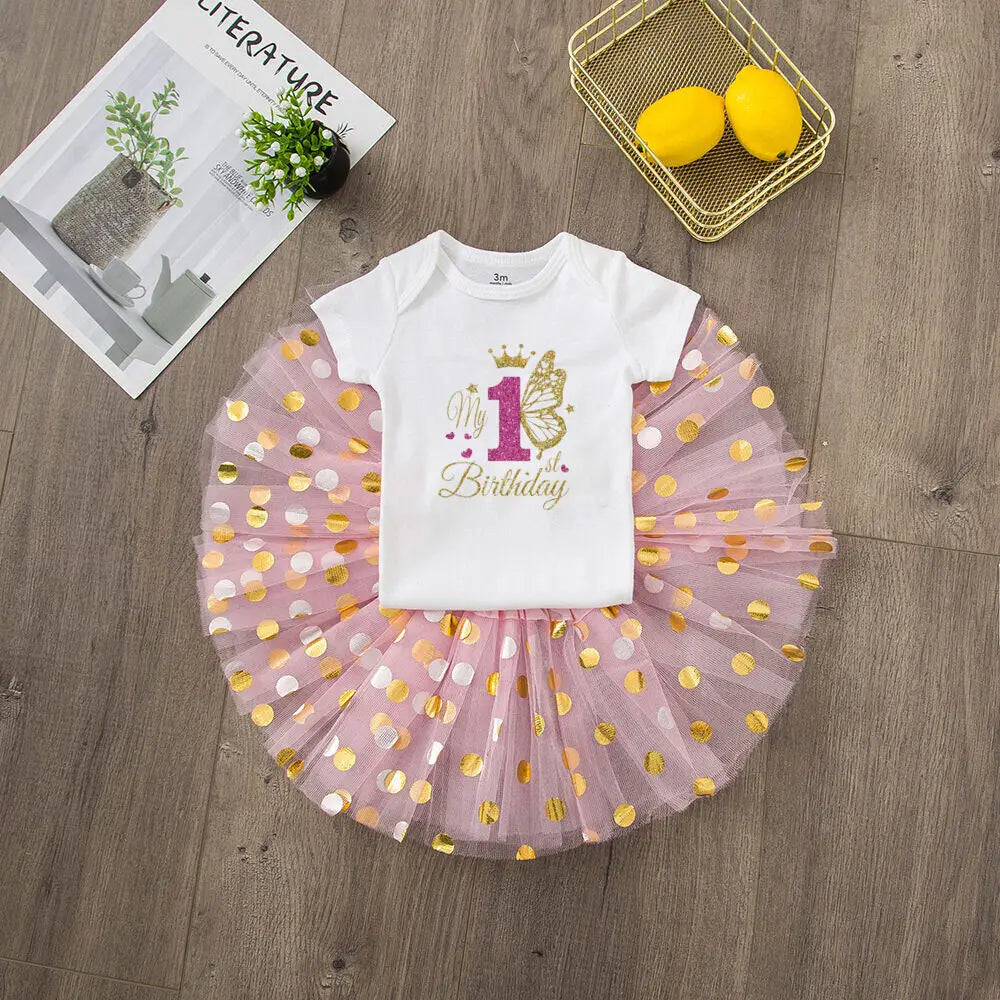 My 1st Birthday Baby Girl Birthday Dress + Bodysuit Set Pink Tutu Cake Dresses + Romper Outfits Girls Summer Clothes Jumpsuit