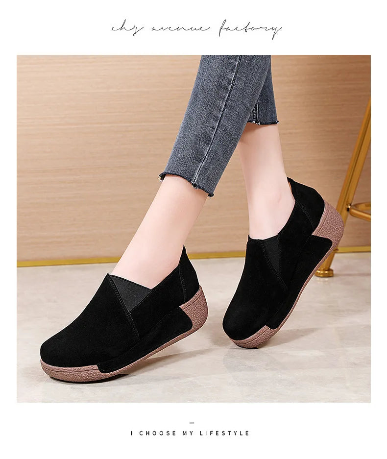 WOIZGIC Women Mother Female Genuine Leather Shoes Platform Flats Loafers Slip On Korean Plus Size 41 42 Vulcanized Shoes