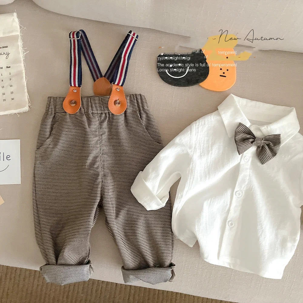 Baby Gentleman Set 6M-4Y Baby Spring and Autumn First Year Dress Boys Handsome Shirt Backband Pants Two Piece Set