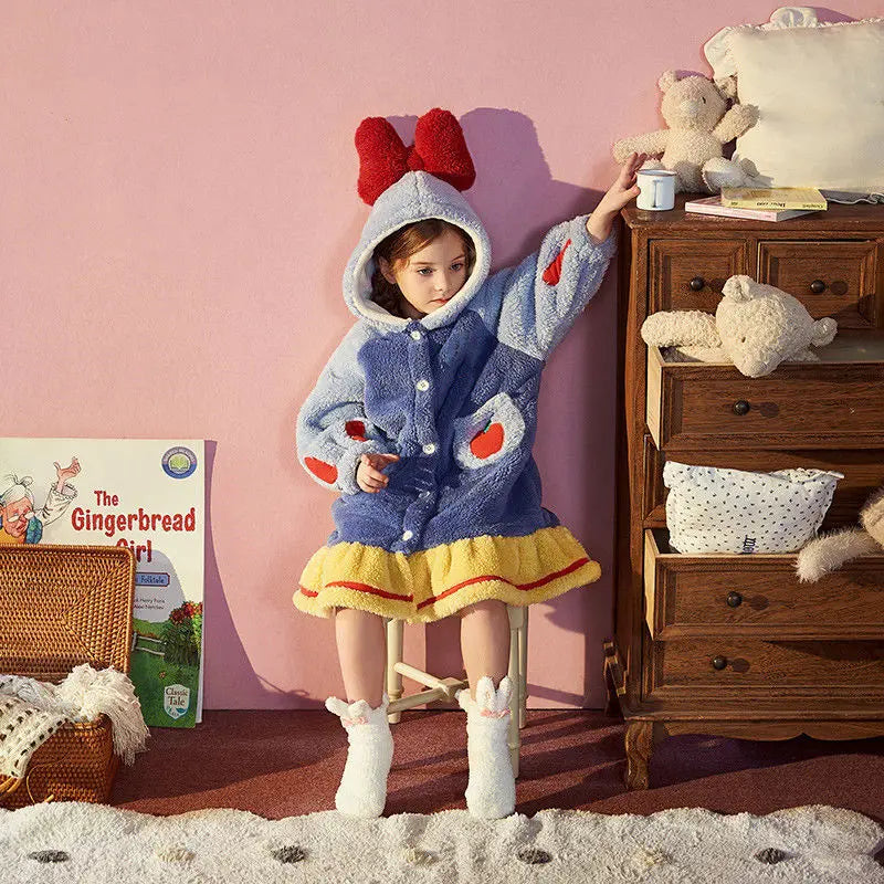 Kids Hooded Robe for Girls Winter 2023 New Princess Child Thick Keep Warm Long Nightgown Front Button Coral Fleece Soft Bathrobe