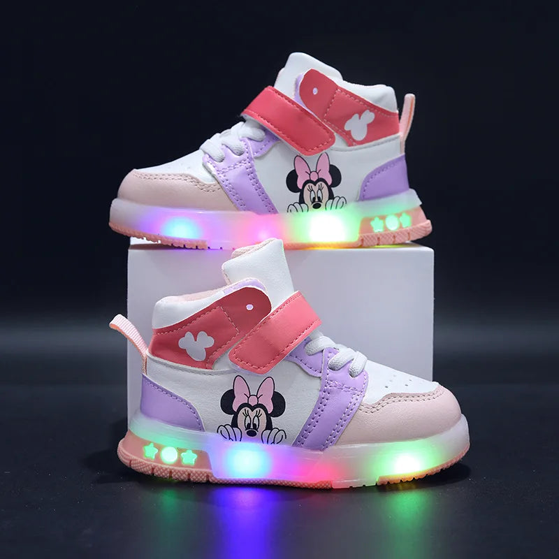 Disney Children's Sneakers Boys Girls Mickey Led Light Sport Shoes Student Shoes Hook Anti-slip Kids Outdoor Shoes Basket Shoes