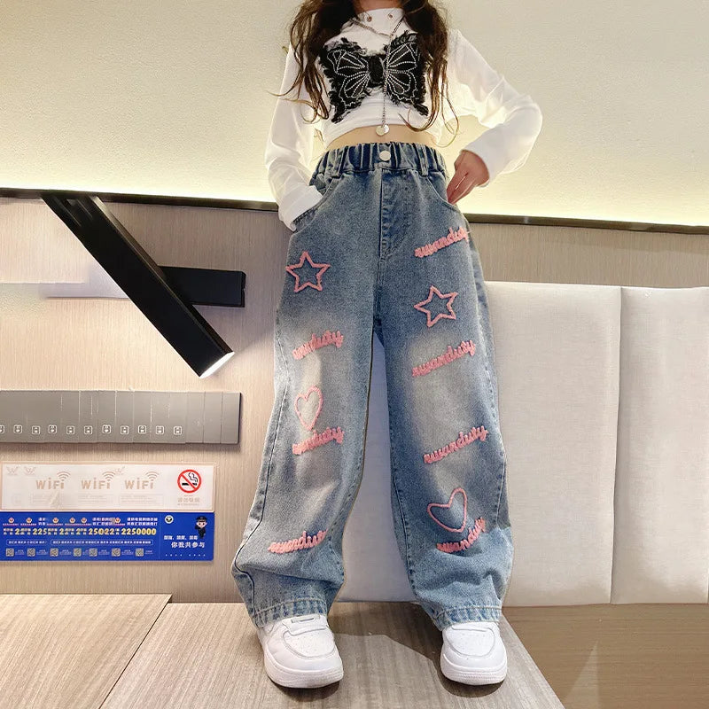 Girls School Wide Leg Pants with Heart Star Design Casual Loose 2024 Kids Fashion Long Jeans Children Korean Style Trousers