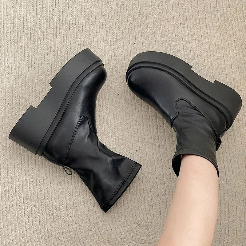 Chunky Women Knee High Boots Fashion Slip On Knight Long Booties Platform Flats Autumn Winter Shoes