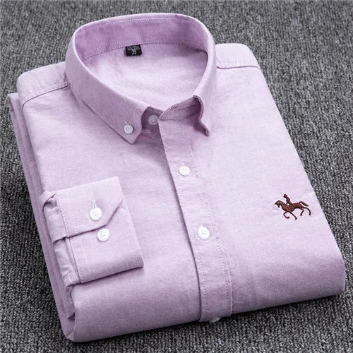 S-6XL Oxford Shirts for Men Long Sleeve Pure Cotton Solid Stripe Leisure Embroidered Horse Streetwear Business Plain Office 6XL